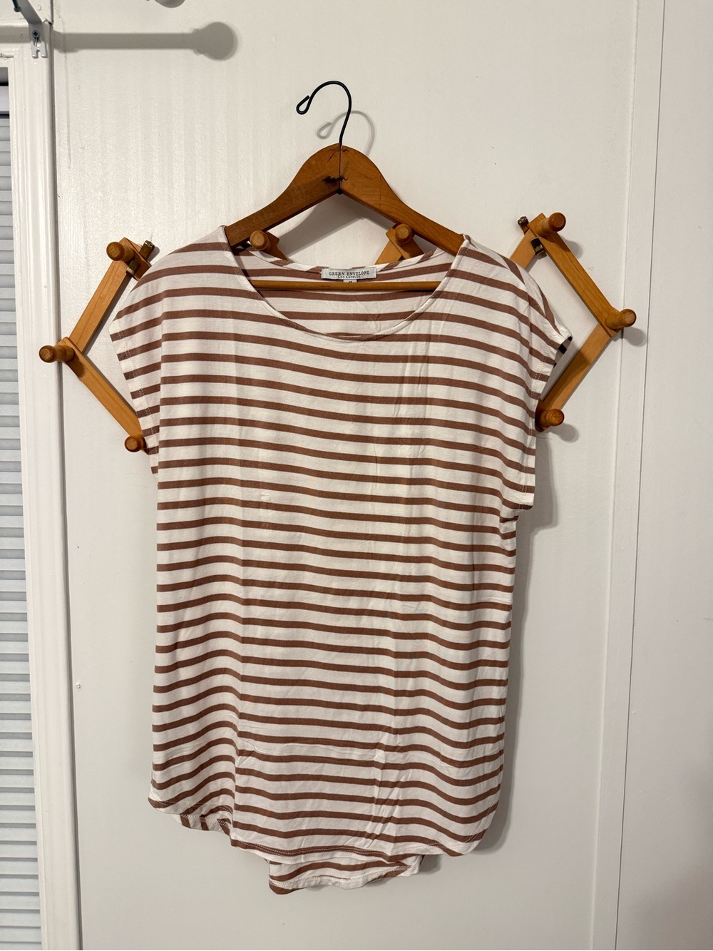 Green Envelope White and Brown Striped Short Sleeve Tee